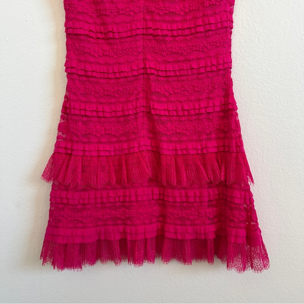 SHO Tadashi Shoji | Hot Pink Tiered Ruffle Lace Mini Dress - Size M - Picture 7 of 8